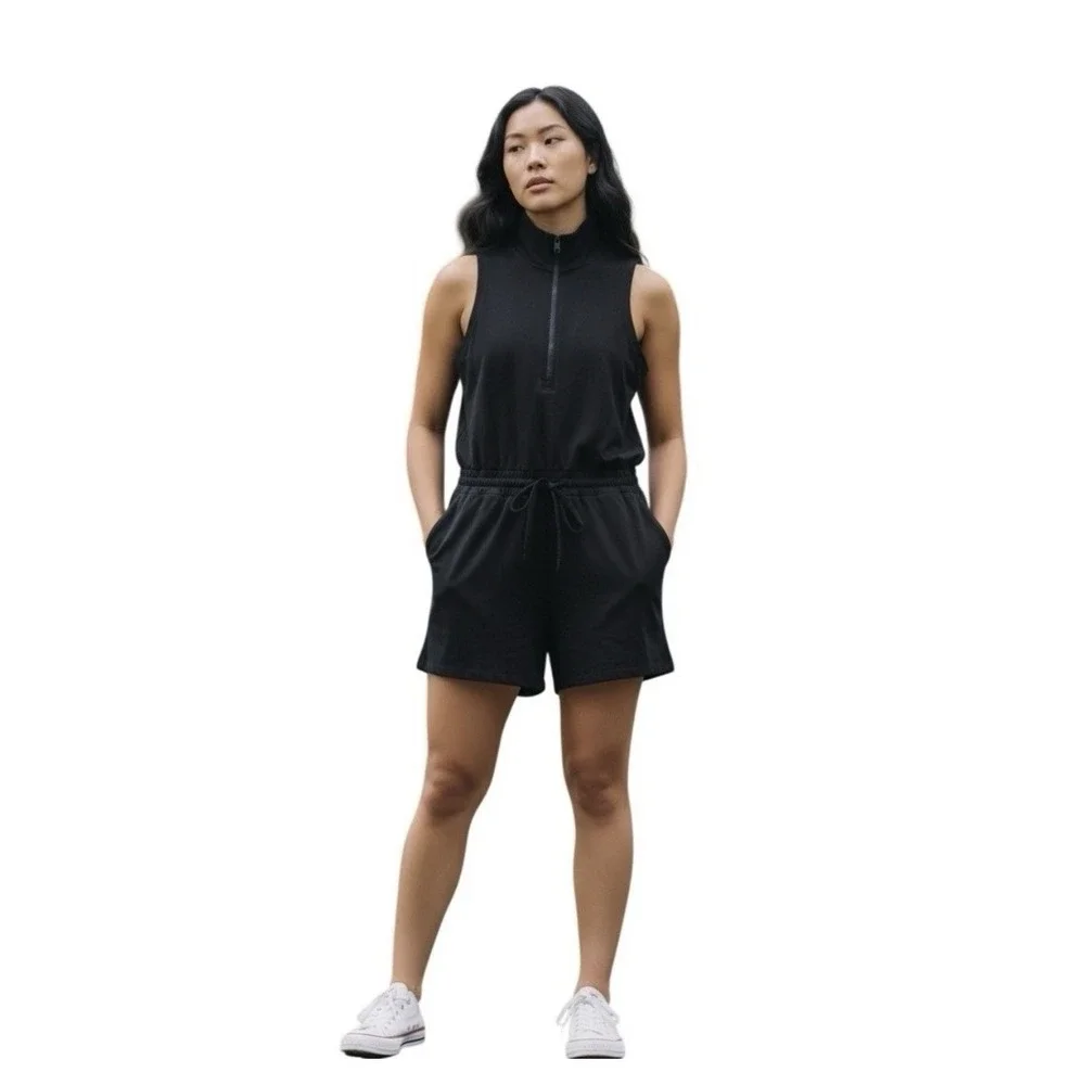 Athleta Retroterry Romper Black Zip Front  Athleisure Preppy Sz XL Tennis Sporty